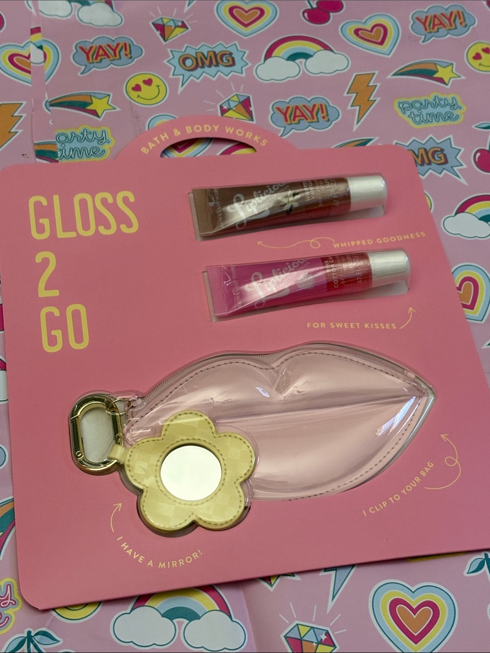 Bath & Body Works Pink Gloss 2 Go Lip Gloss Set with Flower Mirror Charm